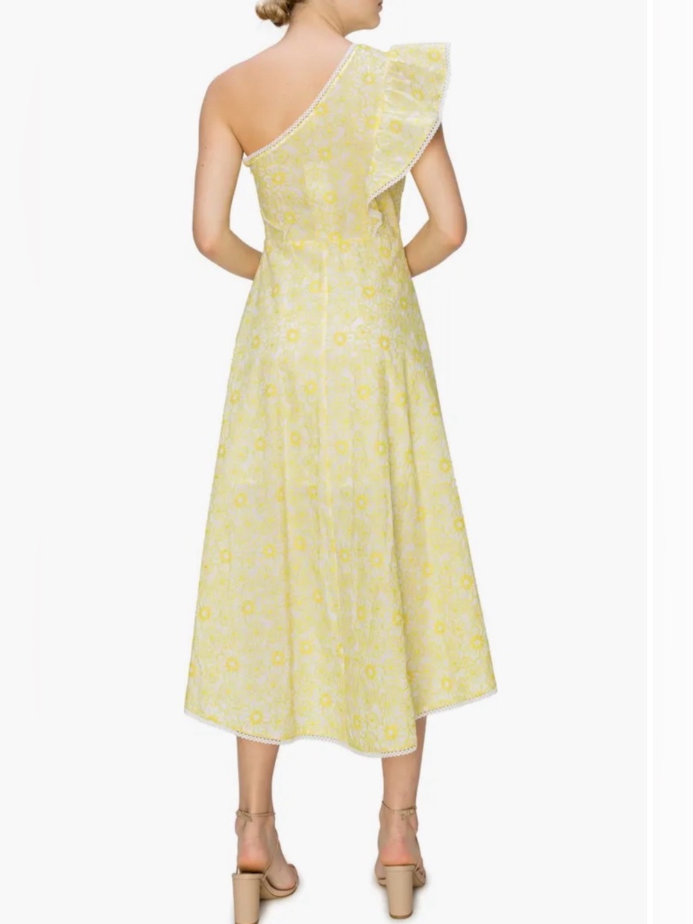 Melloday Nordstroms white yellow embroidered floral one shoulder hi-low dress S - Picture 4 of 9
